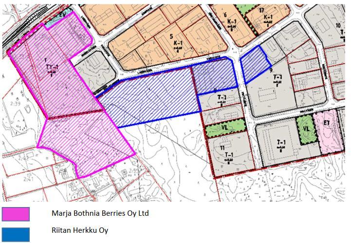 12 (16 4.7 Markägoförhållanden och -förvaltning Planeringsområdet ägs i sin helhet av Marja Bothnia Berries Oy Ltd samt Riitan Herkku Oy.
