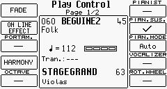 MENYN - PLAY CONTROL Meny som styr programmering av parametrar för melodidelen (ovanför inställd splitpunkt) och några av effekterna. Den nås genom att trycka på Left Control-knappen.