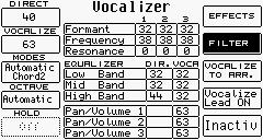 F1 Direct: F2 Vocalize: F3 Modes: Låter dig ställa in direkt audiosignal från ingången Micro 1 som kombineras med Vocalizereffektens signal. Ändra inställningen med VALUE + / -knapparna.