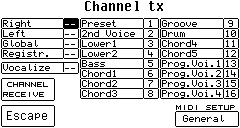 MIDI-MENYNS F1 Channel Transmit: PARAMETRAR Funktionsinställning för att "matcha" sändande MIDI-kanal med MIDI Out för varje del av XD9.