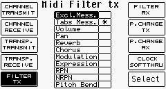 F3 Transpose Transmit: F4 Transpose Receive: F5 Filter Tx: Inställt värde för transponering (för en sektion), vilket sänds via MIDI OUT.