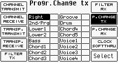 F7 Program Change Tx: Funktion för val av hur mottagna MIDI-data ska sändas vidare via MIDI Out. Funktionen aktiveras eller stängs med F10 Select.