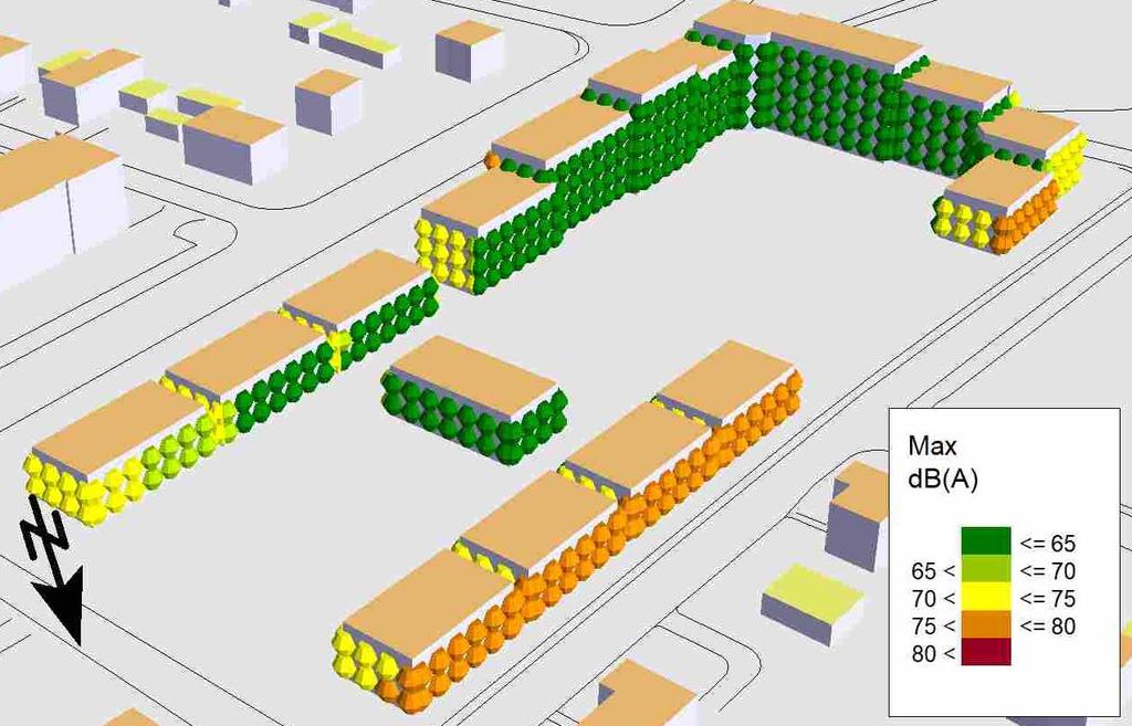 fasaderna dämpa ljudet med minst 35 dba på de värst utsatta våningsplanen för att klara riktvärdena inomhus.