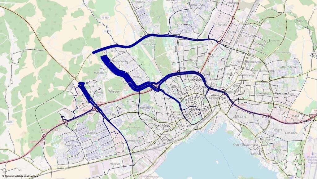 Figur 10. Hur trafikflödet fördelar sig till och från Sätra när fyra anslutningar finns och bilisterna väljer snabbaste vägen.