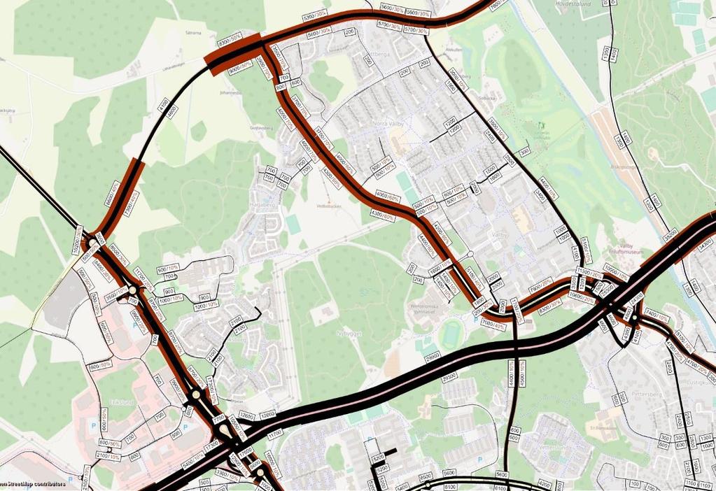 3.3.4 Effekter på vägnätet I VISUM-modellen kan information erhållas hur den tillkommande trafiken till och från Sätra fördelar sig på vägnätet.