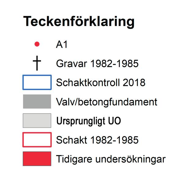 Bilaga 3 Utdrag ur StadsGis för Strängnäs med tidigare undersökningar i området (SR). Schakt 1 & påträffad anläggning (A1) är utmarkerade.