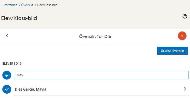 GRAFISK ÖVERSIKT FÖR ENSTAKA ELEV För snabbare överblick går det att filtrera på elevens namn genom att skriva de första bokstäverna i elevens för- eller efternamn vid filtersymbolen.