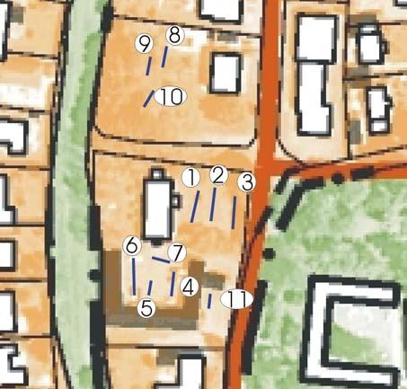 Fig. 6. Bilden visar ett utdrag ur Lantmäteriets Fastighetskarta med sökschakten 1-11 markerade med blått. Skala 1:2000. utgjordes av gråbrun lerig och sandig humus.