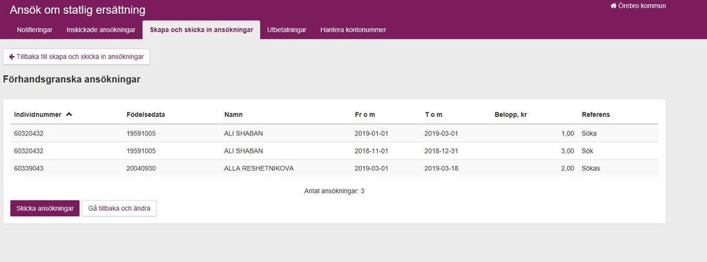 Uppgifter som visas: Individnummer Födelsedata Namn Fr.o.m t.o.m. Belopp, kr Referens (om sådan har angivits).