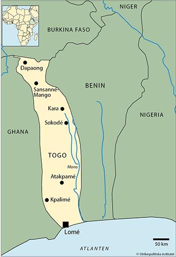 Yta 56 785 km2 (2017) Tid svensk -1 timme Angränsande land/länder Ghana, Burkina Faso, Benin Huvudstad med antal invånare Lomé 1 755 000 (uppskattning 2012) Övriga större städer Sokodé 116 000, Kara
