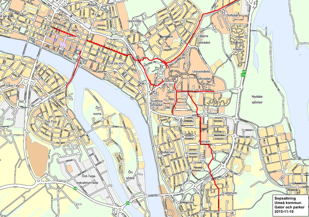 Figur 90. Sopsaltade gång- och cykelstråk i Umeå vintern 2015/16. Källa: Umeå kommun.