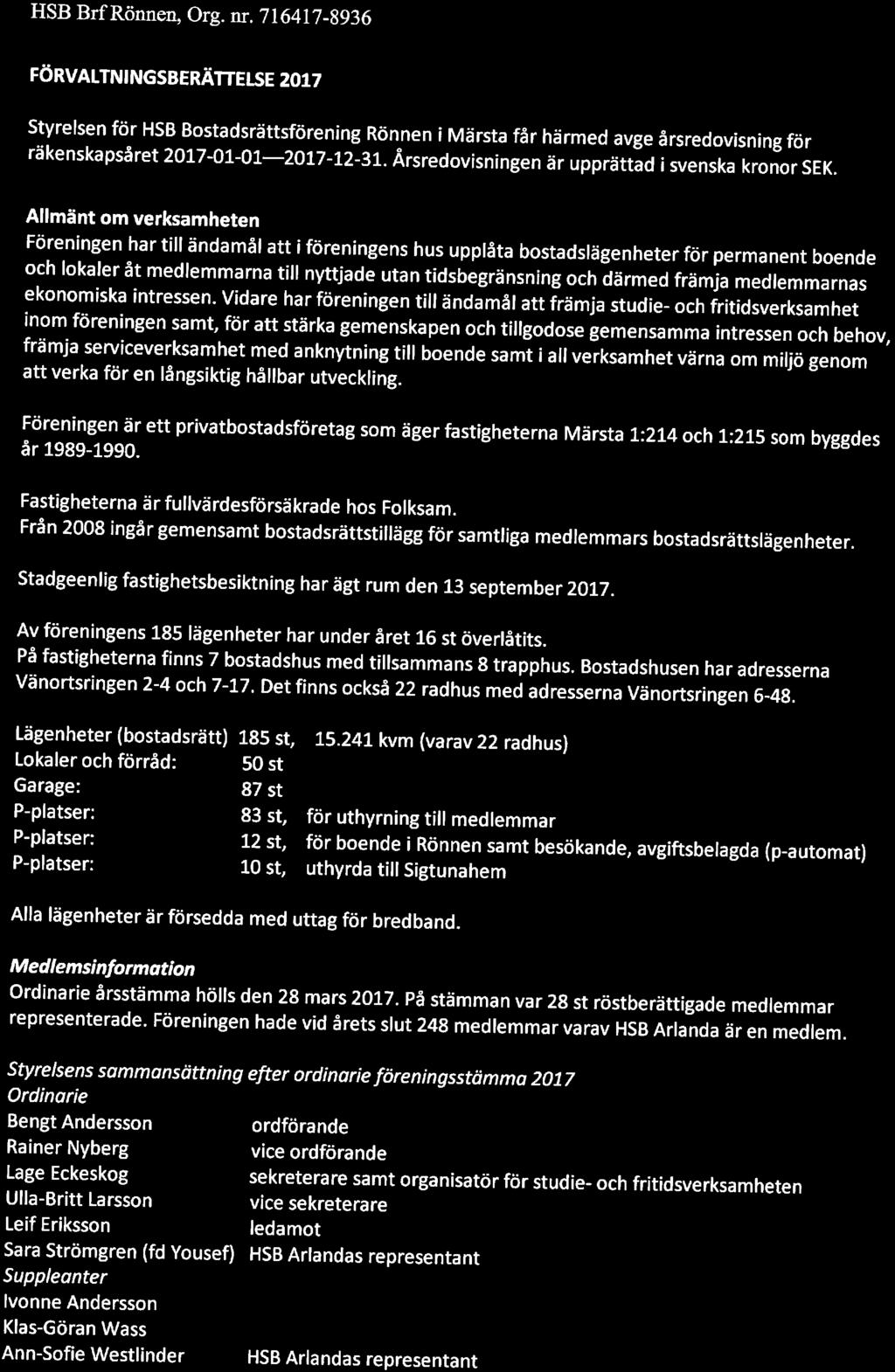 ^ FÖRVALTNINGSBERÄTTELSE 2017 Styrelsen för HSB Bstadsrättsförening Rönnen i Märsta får härmed avge årsredvisning för räkenskapsåret 2017-01-01-. Årsredvisningen är upprättad isven7kakrnr'sek.