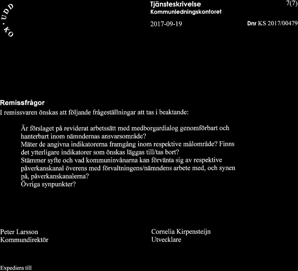 f '4b ffi: Tjönsleskrivelse Kommunledningskontorel 2017-09-19 7(7) Dnr KS 2017100479 Remissfrågor I remissvaren önskas att följande frågeställningar atttas i beaktande: Är ftirslaget på reviderat