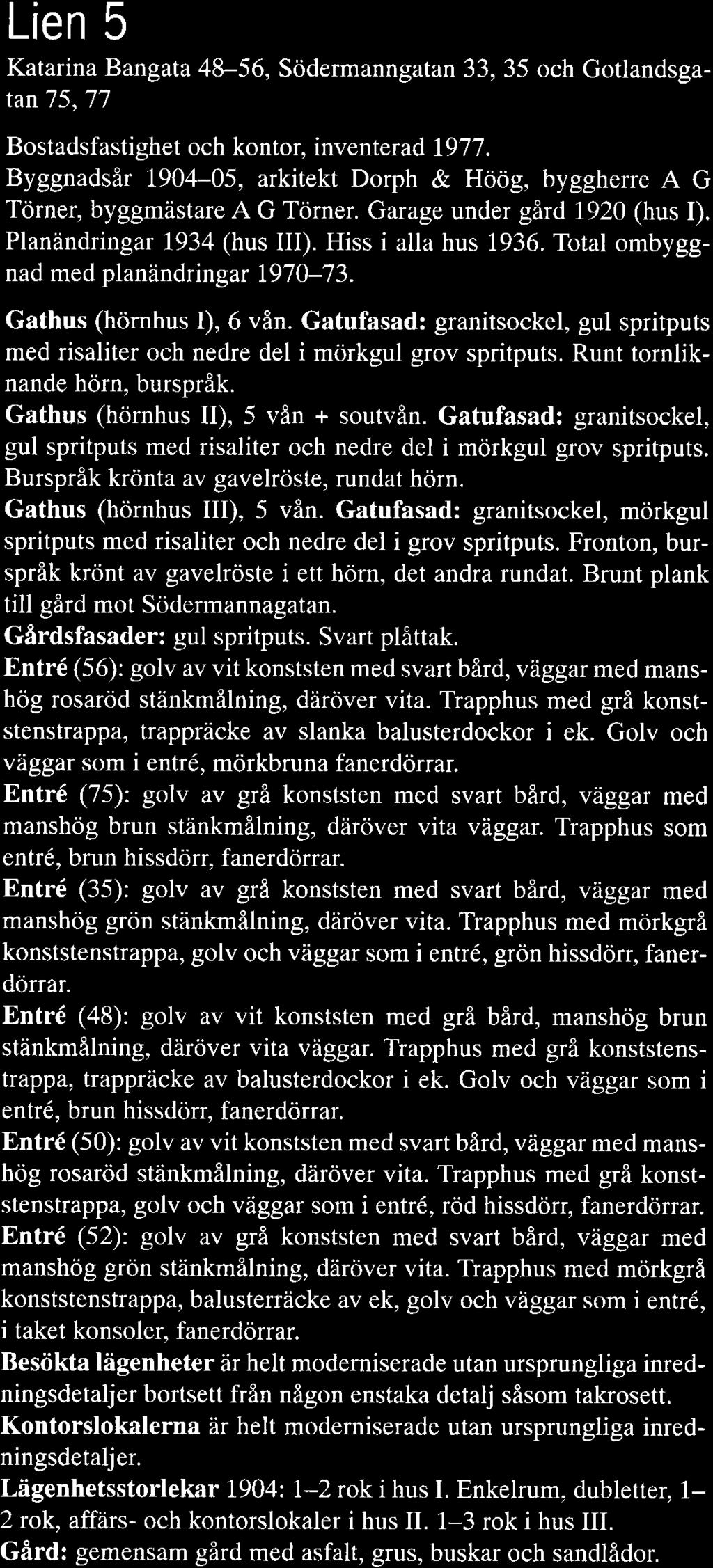 )i Lien 5 Katarina Bangata 48-56, Södermanngatan 33, 35 och Gotlandsgatan 75, 77 Bostadsfastighet och kontor, inventerad 1977.