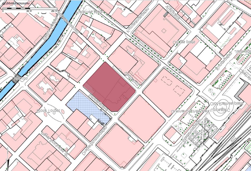 PLATSEN Nuvarande markanvändning och planläge Karta som visar kvarteret med omgivning. Planområdet är markerat med lila, det nya Åhlénshuset är markerat med blått.