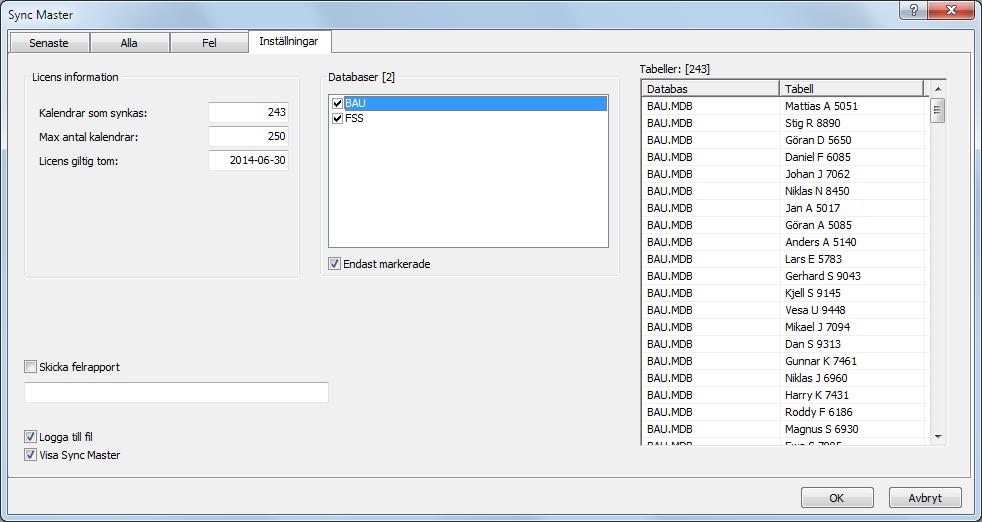 Sync Master inställningar Här väljer du vilken databas som ska synkas, kan vara flera. De tabeller som kommer att synkas visas till höger.