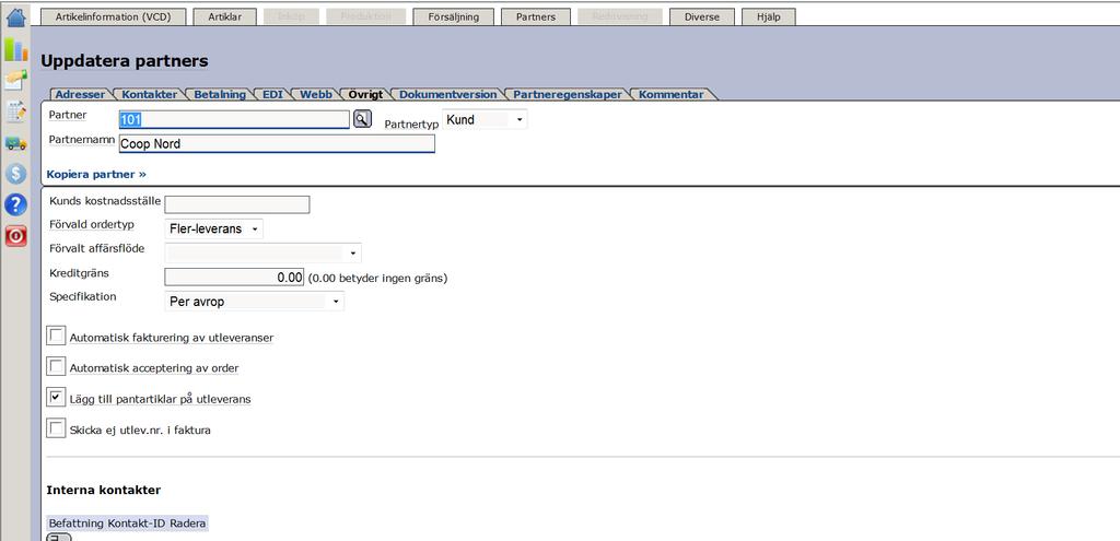 Senast Uppdaterad: 111003 Exder Handledning Coop Nord Representantorderflöde Sida 13 av 28 Här ser ni ett exempel på hur vi har lagt upp partnern.