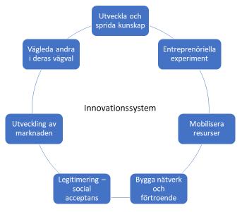 Ett innovationssystem utvecklas i samspel mellan olika aktörer och institutioner som bidrar på olika sätt och därmed fyller olika funktioner.