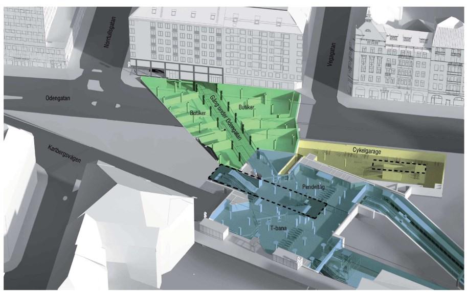 Sida 4 (9) Vy över torget med underliggande konstruktioner och utrymmen, planerad gångpassage med butiker i grönt.