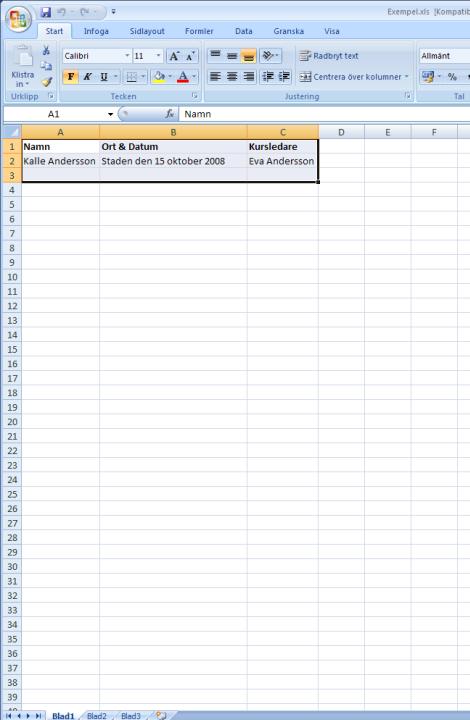 Kursintyget kompletteras med Kurs, Ort & Datum och intygen kompletteras med kursdeltagarens namn, Ort & Datum