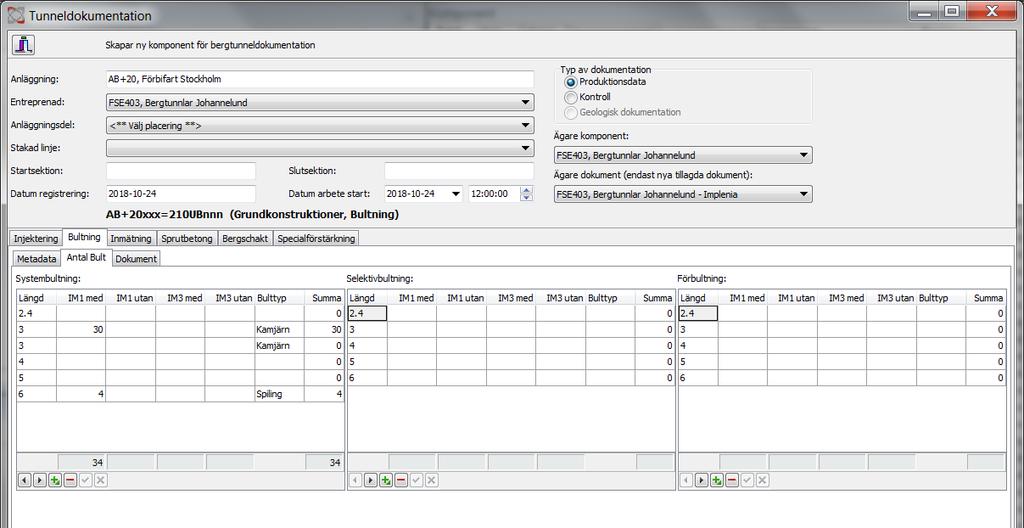 Verktyg i Excel för tryck och flödesdiagram Bergförstärkning i sprutbetong och bultar Utifrån förstärkningsanvisningen så