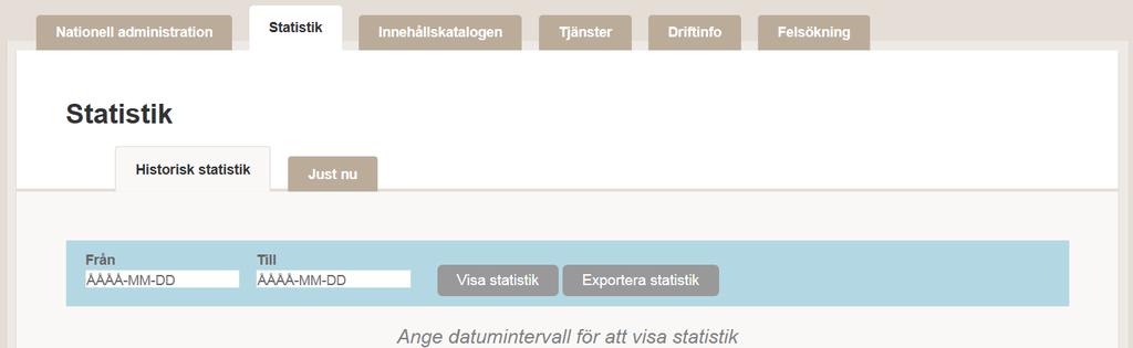 Statistik Fliken Statistik har två flikar, Historisk statistik samt Just nu. För att välja att se historisk statistik väljer man tidsintervall via datumväljaren.