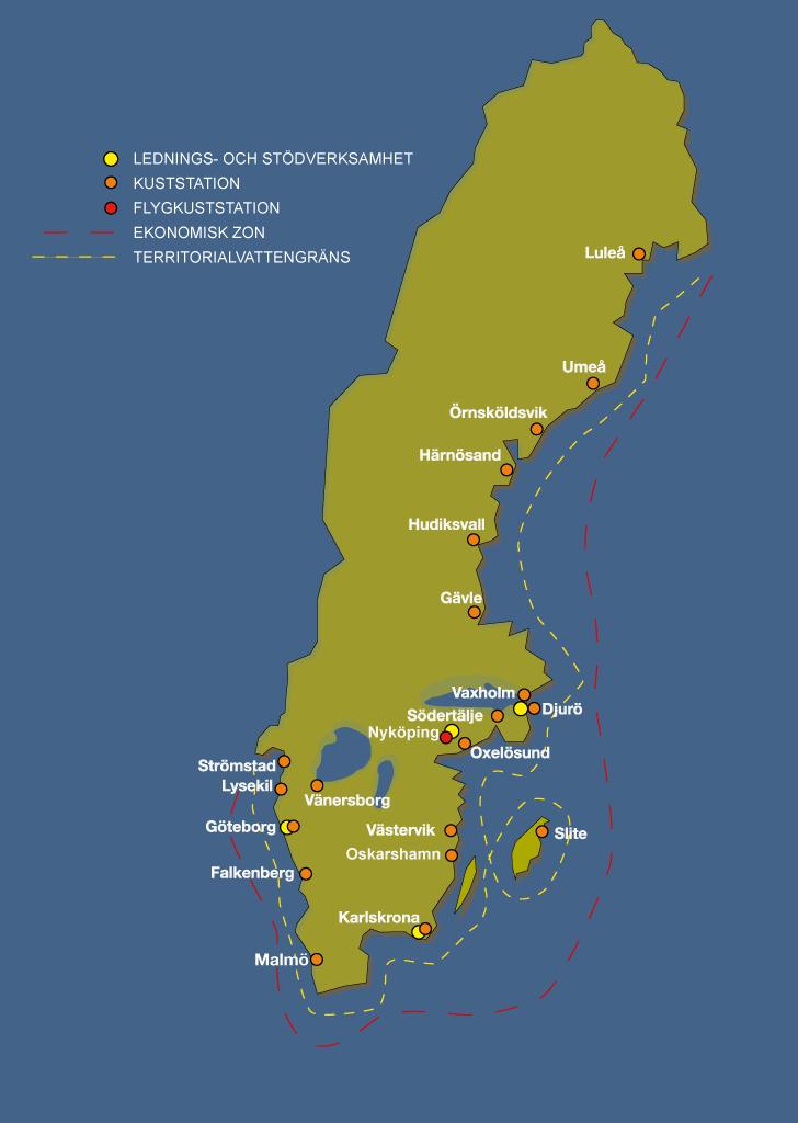 Kustbevakningens operativa verksamhet bedrivs längs hela Sveriges kust samt Vänern och Mälaren, utifrån 21 kuststationer (inklusive flygkuststation).