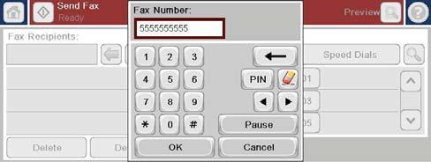 4. Tryck på rutan Faxnummer för att öppna knappsatsen. 5. Ange telefonnumret med hjälp av knappsatsen och tryck sedan på knappen OK. 6. Tryck på ikonen Starta för att skicka faxet.