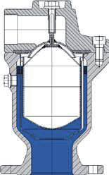 tömning respektive fyllning av ledningen. Flottören faller ner och öppnar den stora öppningen där stora luftmängder kan passera.