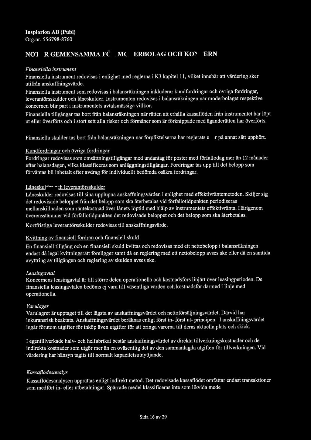 Finansiella instrument Finansiella instrument redovisas i enlighet med reglerna i K3 kapitel 11, vilket innebär att värdering sker utifrån anskaffningsvärde.