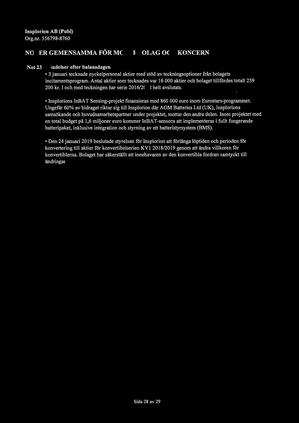 lnsplorion AB (Publ) Not 23 Händelser efter balansdagen 3 januari tecknade nyckelpersonal aktier med stöd av teckningsoptioner från bolagets incitamentsprogram.