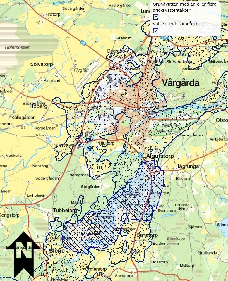Figur 4 Skyddat område enligt vattenförvaltningsförordningen (Grundvatten) och Vattenskyddsområde Vårgårda, Algutstorp (Vatteninformationssystem Sverige 2016b) Grundvatten Enligt äldre mätningar