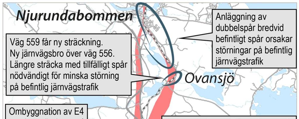 går i liten utsträckning genom tätortsområden utan går till