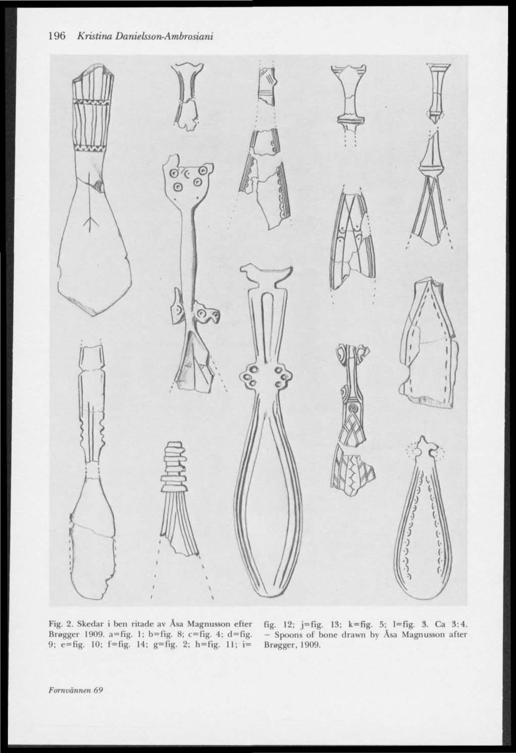 196 Kristina Danielsson-Ambrosiani Fig. 2. Skedar i ben ritade av Åsa Magnusson efter fig. 12; j=fig. 13; k=fig. 5; l=fig. 3. Ca 3:4. Bragger 1909. a=fig.