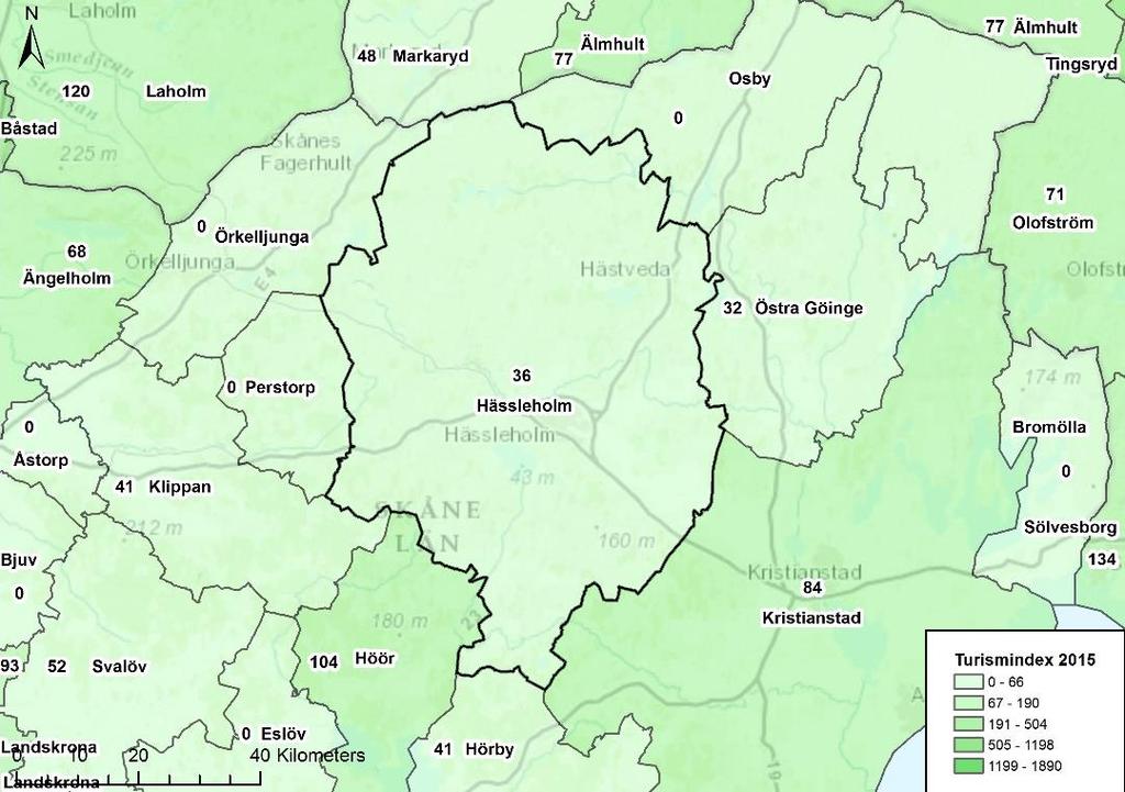 Turismindex Kartan illustrerar ett turismindex för Hässleholm kommun samt omkringliggande kommuners index.