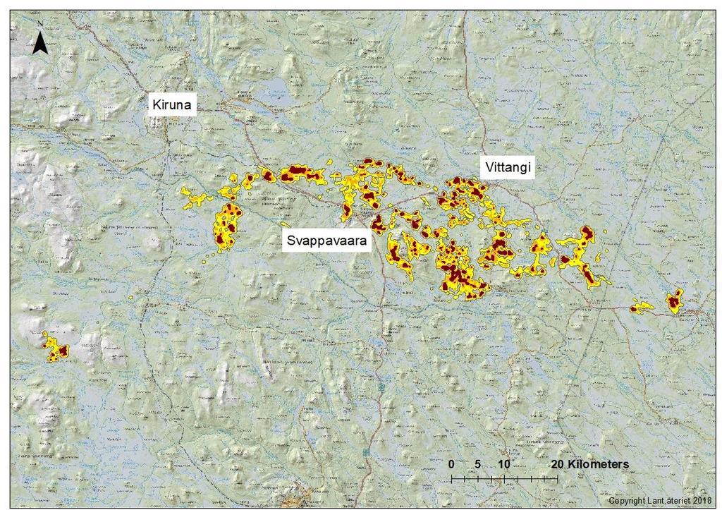 Figur 4. Helårsområden för GPS-märkta älgar i Svappavaara 2017/2018. Mörkare områden visar kärnområden som nyttjas mest under året.