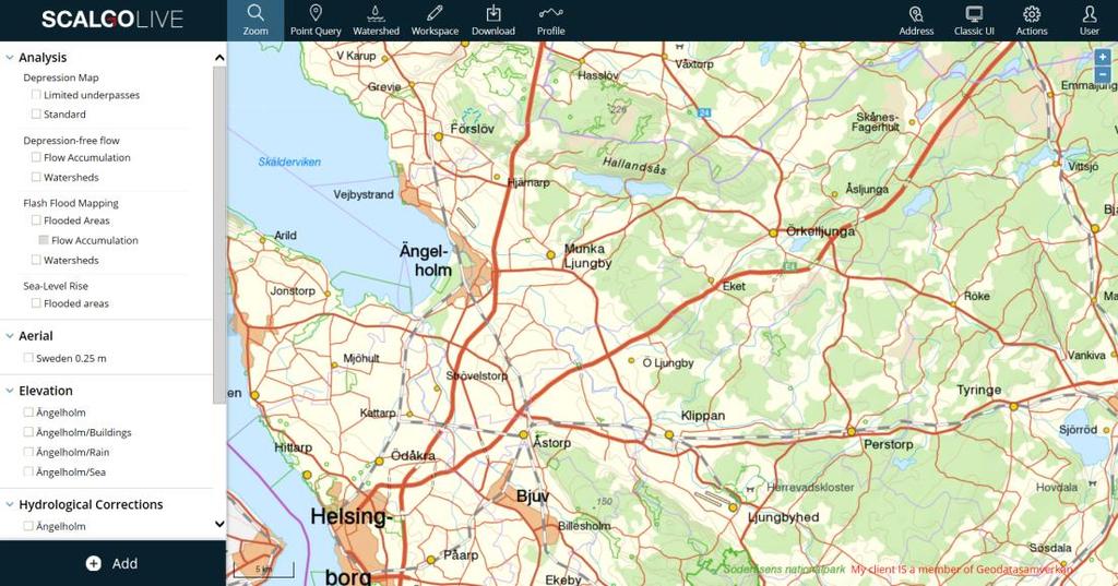 5 Lager och analyser i kommunens SCALGO Live Den korrigerade höjdmodellen som tagits fram för skyfallskarteringen ligger som grundmodell i kommunens SCALGO Live.