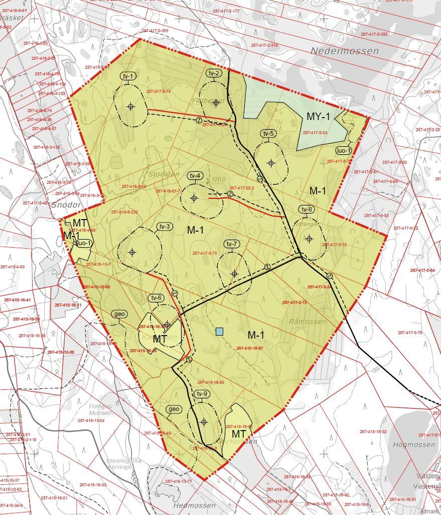 1-21 6.4 Planförslag 18.5.2018. Planförslaget innefattar 9 vindkraftverk och i planen är totalhöjden för vindkraftverken högst 250 m.