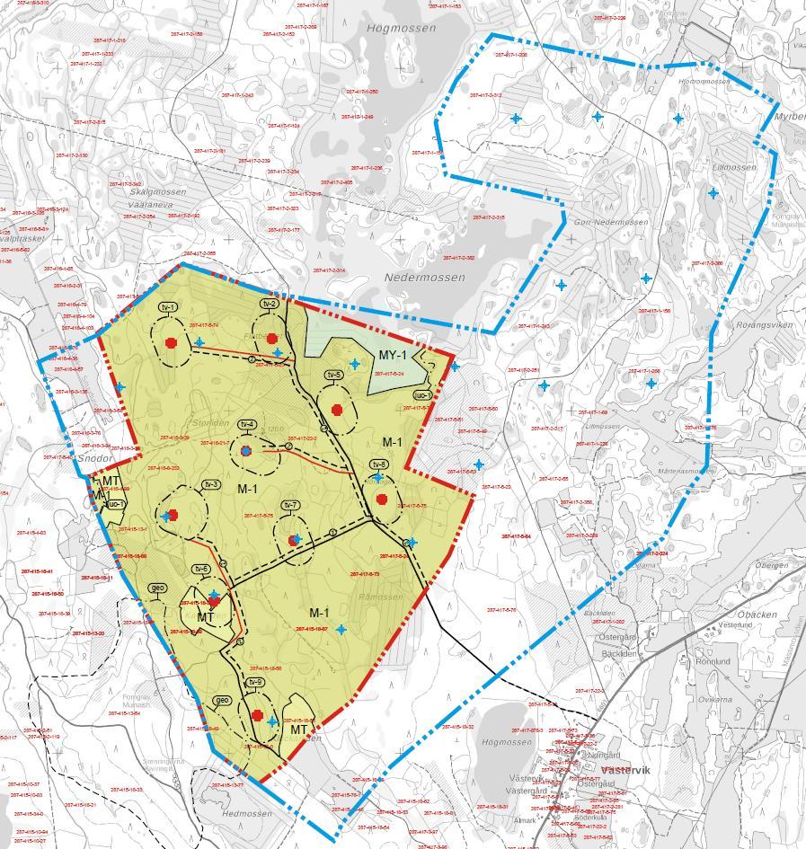 1-22 Bild 13. Planförslag 18.5.2018 i förhållande till tidigare utrett planförslag. Tidigare planförslag och positioner med blått, nuvarande positioner med rött. 7.