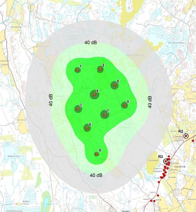 1-26 För närmare information, se bilaga bullerutredning. Bild 15. Bullersimuleringen påvisar att inga bostäder är innanför gränsen 40 db Ramboll Finland Oy.