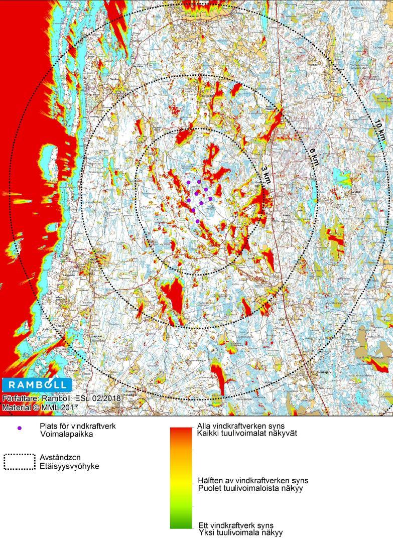 1-40 I nedanstående bild finns presenterad en för Västerviks område utarbetad siktanalys, som påvisar hur många vindkraftverk som är synliga från platser i närområdet.