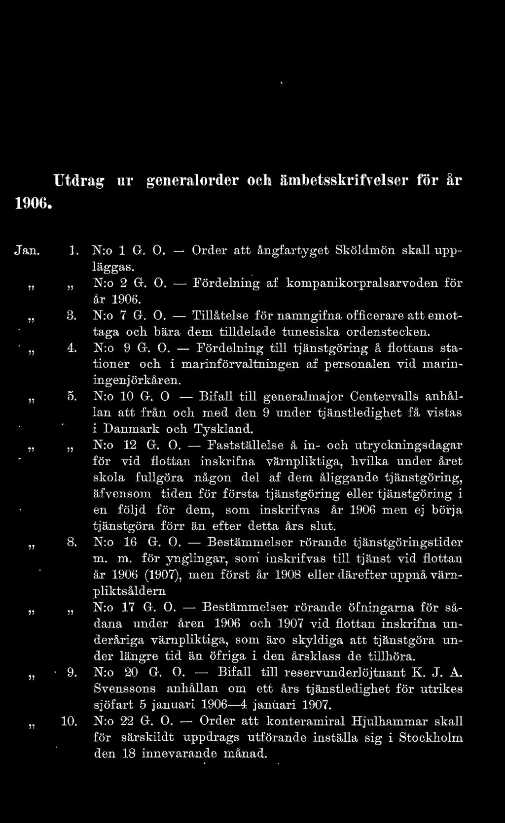 1906. Utdrag ur generalorder och ämbetsskrifvelser för år Jan. l. 3. 4. 5. 8. 9. 10. N:o l G. O. - Order att ångfartyget Sköldntön skall uppläggas. N:o 2 G. O. - Fördelning af kompanikorpralsarvoden för itr 1906.