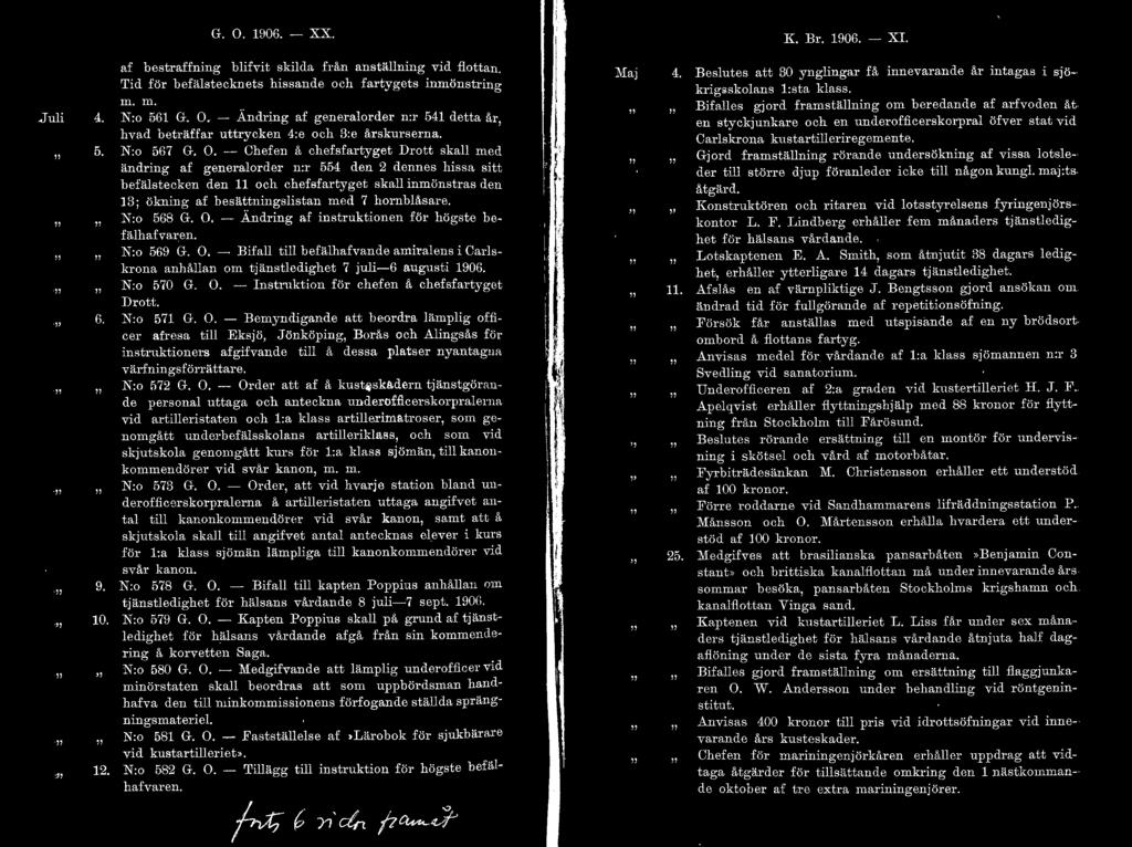 G. O. 1906. - XX. K. Br. 1906. - XI..Juli 4. 5. 6.. 9.. 10.. 12. af bestraffning blifvit skilda från anställning vid flottan. Tid för befälstecknets hissande och fartygets inmönstring m. m. N:o 561 G.