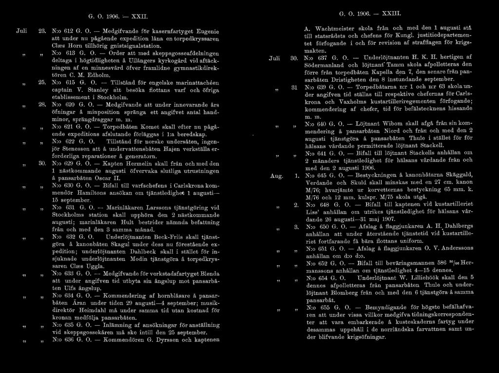 G. O. 1906. - LTII. G. O. 1906. - XXIII. Juli 23.. 25. 28. 30. ' N:o 612 G. O. - Medgifvande för kasernfartyget Eugenie att under nu pågående expedition låna en torpedkryssaren Ches Horn tillhörig gnistsignalstation.