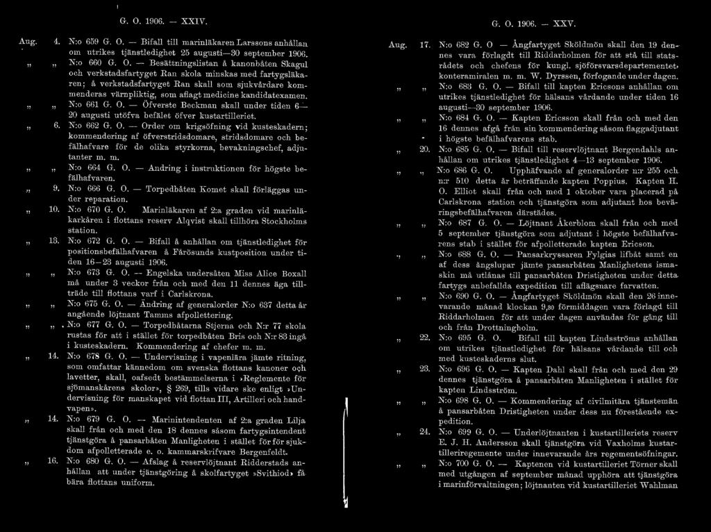 G. O. 1906. -- XXIV. G. O. 1906. - L'I:.V. Aug. 4. G. N:o 659 G. O. - Bifall till marinläkaren Larssons anhållan om utrikes tjänstledighet 25 augusti-30 september 190G. N:o 660 G. O. -