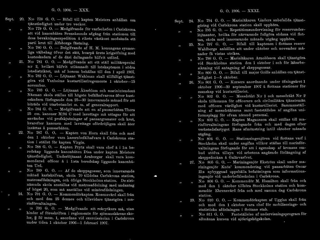 G. O. 1906. - XXX. G. O. 1906. -XXXI. Sept. 20. 21.. 22. 24. N:o 778 G. O. - Bifall till kapten lifeisters anhållan om tjänstledighet uneler tre veckor. N:o 779 G. O. - Medgifvancle för varfschefen i Carlskrona att vid kanonbåten Svensksunds afgång från stationen till dess bevakningsexpedition å rikets västkust medsända ett parti krut till Älfsborgs fästning.