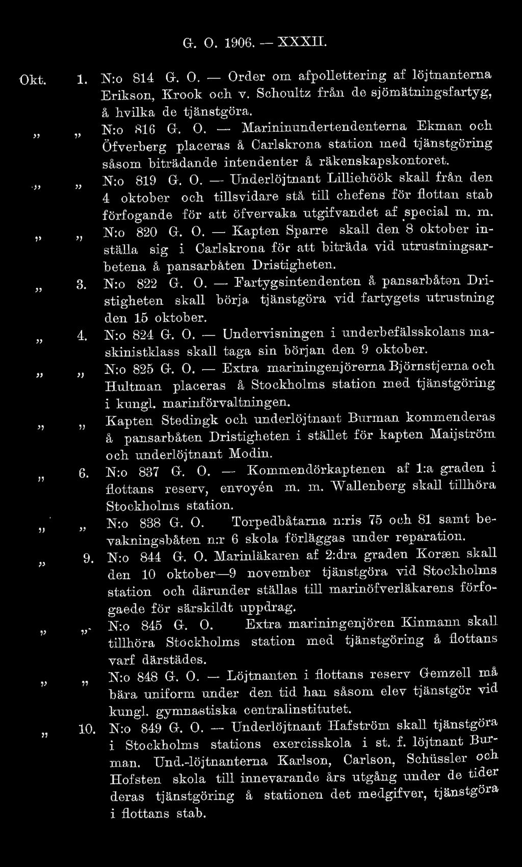 N:o 822 G. O. - Fartygsintendenten å pansarbåten Dristigheten skall börja. tjänstgöm vid fartygets utrustning elen 15 oktober. N:o 8:24 G. O. - Unelervisningen i underbefälsskolans maskinistklass skall taga sin början elen 9 oktober.