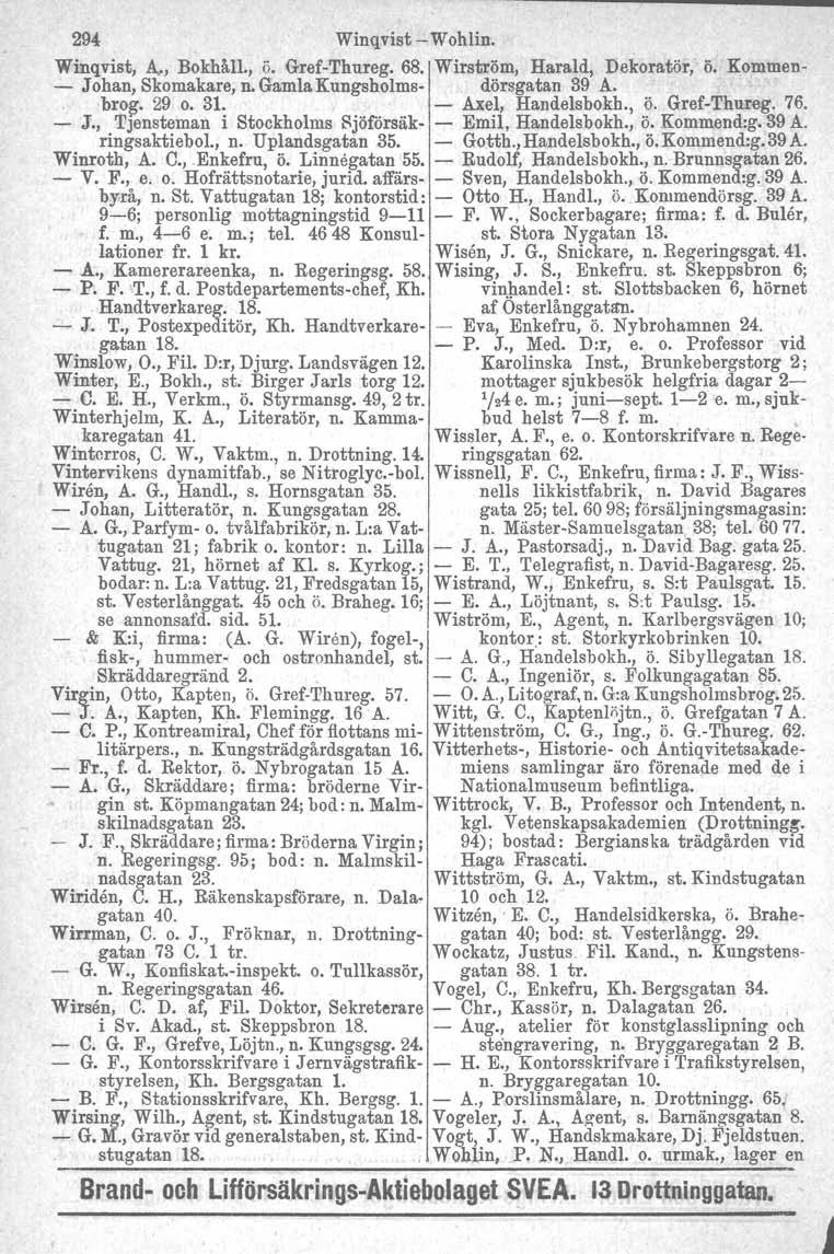 294 Winqvist Wohlin. Winqvist, A., Bokhåll., ö. GrefThureg. 68. Wirström, Harald, Dekoratör, ö. Kommen Johan, Skomakare, n.gamlakungsholms dörsgatan 39 A. bro~. 29 o. 31. Axel, Handelsbokh., ö. GrefThureg. 76.