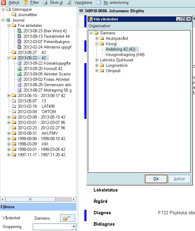 Nytt i Melior - Filtrering av vårdkontakter Förvalt visas i trädet speglas från journalmappen Fria aktiviteter visas alltid Genom att klicka på plustecknet kan ett annat urval göras Det nya urvalet
