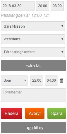 Ändra pass För att ändra ett pass klickar du på ett pass i schemat eller en rad i tidrapporten. Tryck på Spara för att spara ändringarna eller Radera för att ta bort passet.